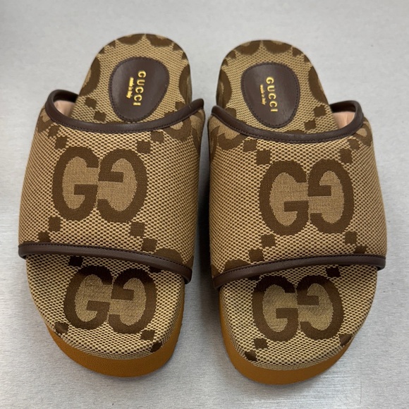 Gucci Beige and Brown Monogram Slides - Picture 1 of 8